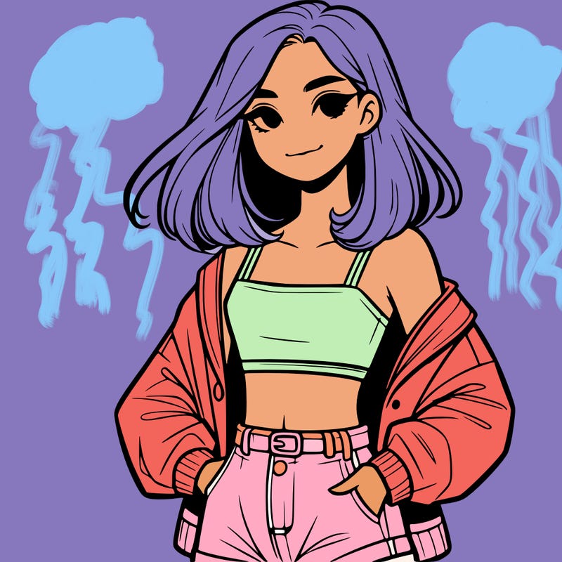 a realistic girl with a crop top and short shorts in an open jacket