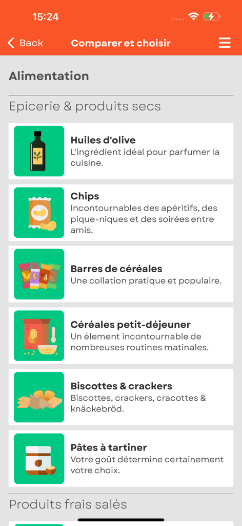 Testachats Digital - オリーブオイルやシリアルを含む製品比較のための食品サブカテゴリを表示するTestachats Digitalモバイルアプリの画面