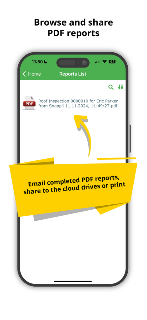 Roof Inspection - A smartphone displaying a list of PDF roof inspection reports in the Snappii app.