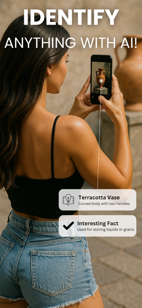 Identify Anything: AI Scan - Woman using Identify Anything AI scan app to identify a terracotta vase