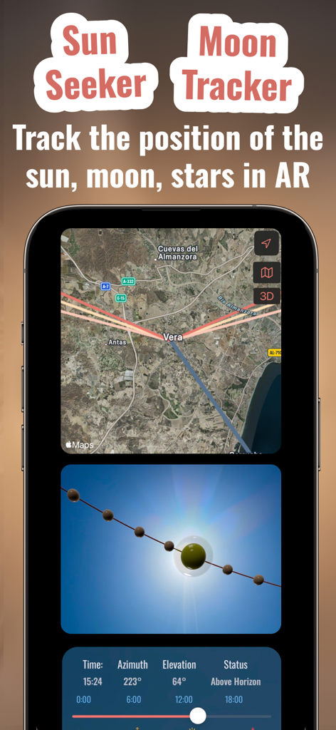 Sunset Prediction AI : Solora - Solora app interface displaying the sun seeker and moon tracker using AR and map overlays with astronomical data.