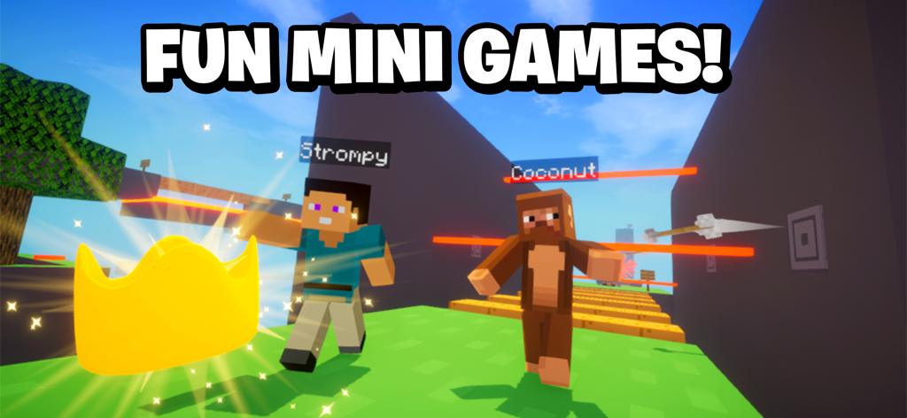 Build World: Sandbox Survival - Blocky characters racing in a parkour mini-game to win a crown