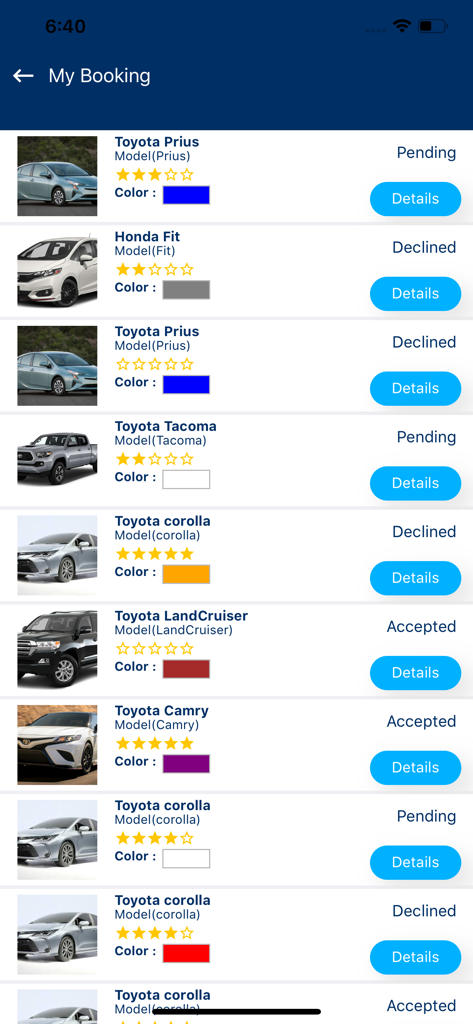 CarRent KW 앱의 내 예약 화면 스크린샷, 현재 상태가 있는 차량 렌탈 목록 표시