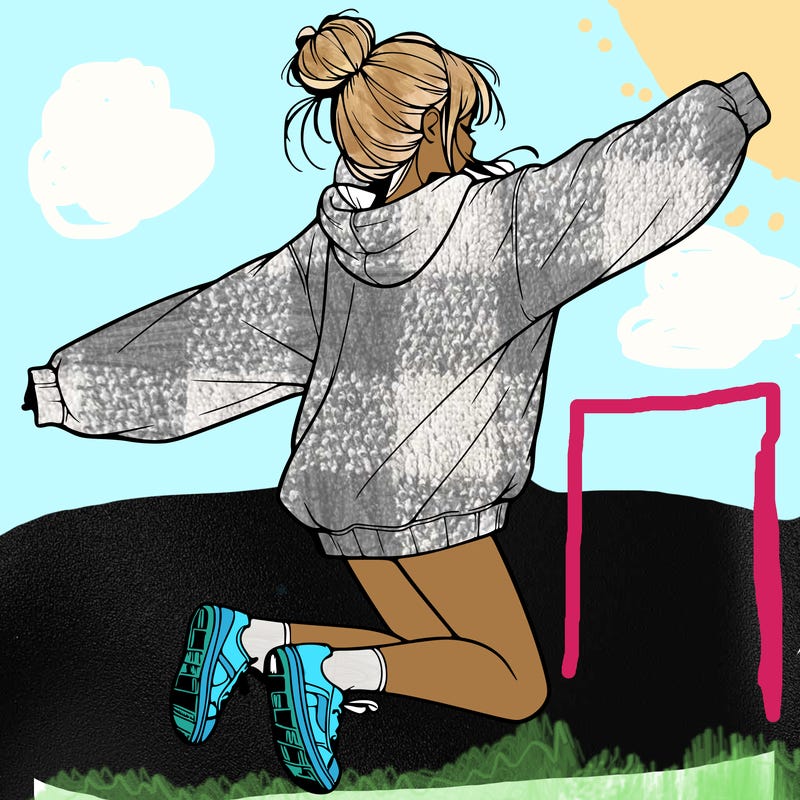 realistic girl jumping with a bun and oversized sweatshirt