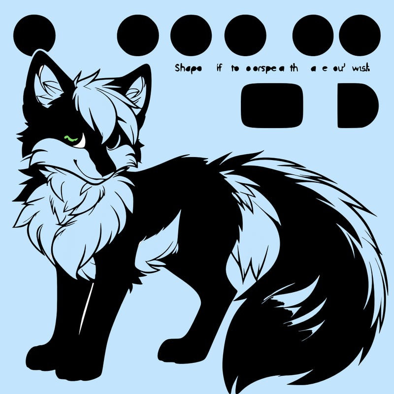 a fox furry, black , grey, blue, white, pattern that can shapeshift into other species of furries if wanted