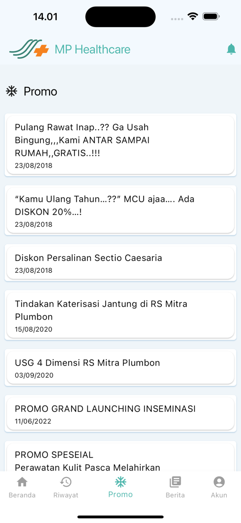 A list of healthcare service promotions and medical discounts displayed within the MP Healthcare mobile app