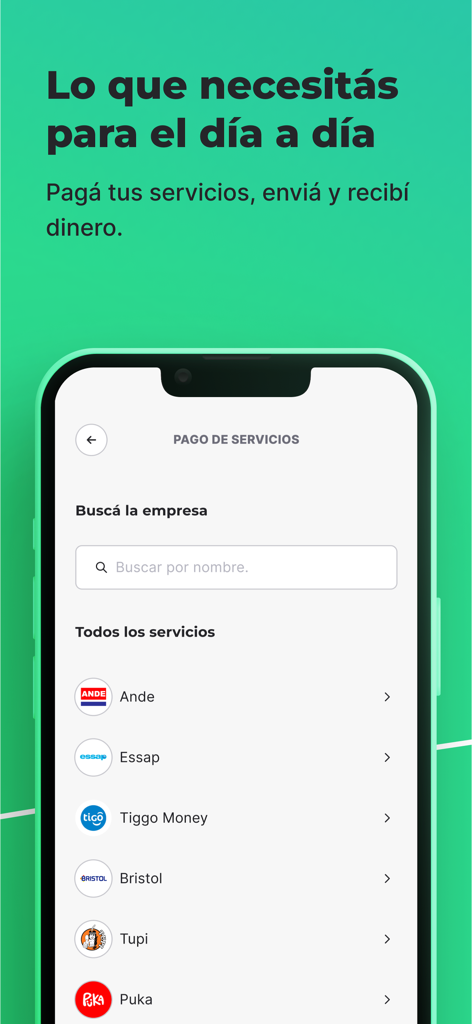 ueno - Una pantalla de smartphone que muestra la interfaz de la aplicación de banca digital de ueno para pagar diversos servicios en español.