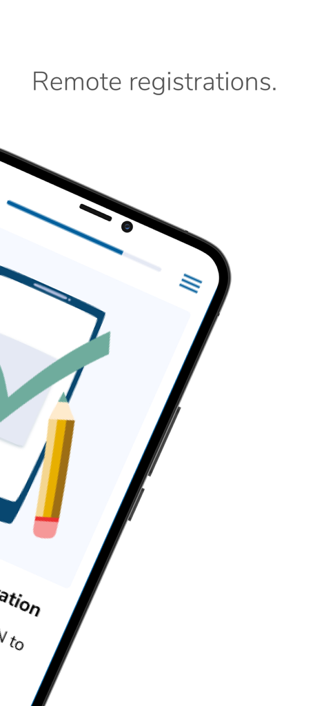 Vidua - Vidua mobile app interface showing the remote registration process with a document and checkmark icon.
