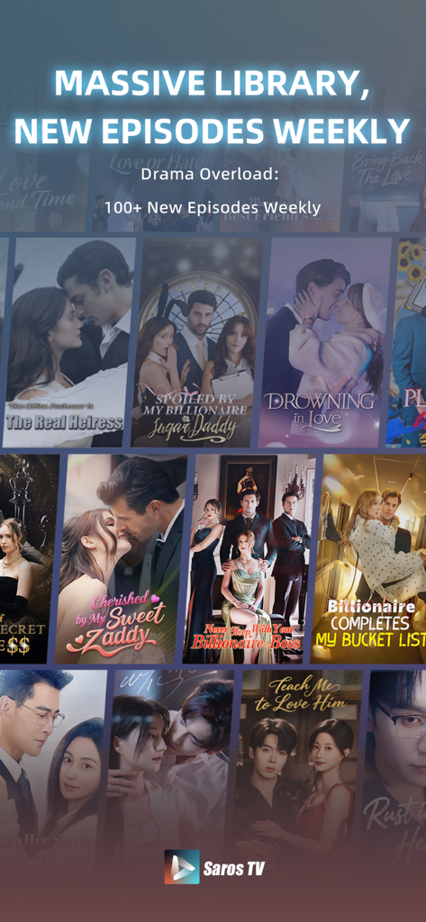Saros TV - Shorts & Reels - Capture d'écran de l'application Saros TV montrant une énorme bibliothèque de courts drames romantiques et de bobines sur le thème des milliardaires avec de nouveaux épisodes ajoutés chaque semaine.