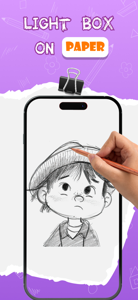 Una persona usando la función de caja de luz de la app AR Drawing para calcar el boceto de un personaje sobre papel