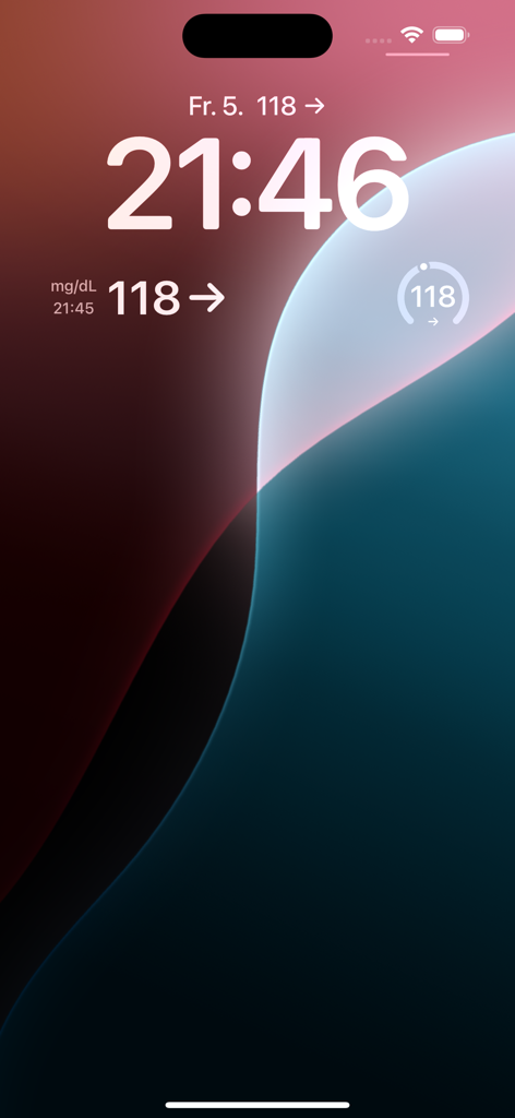GlucosePhone - iPhone lock screen displaying GlucosePhone widgets with a blood sugar reading of 118 and trend arrow