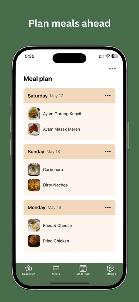 Kerisik: Recipe Manager - Kerisik Recipe Manager app showing a weekly meal planning screen with various dishes