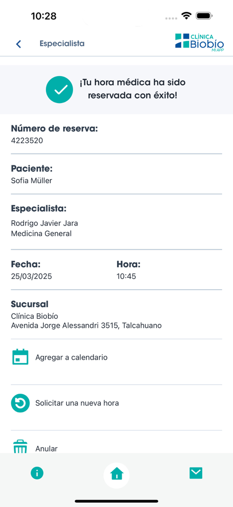 Clínica Biobío - A confirmation screen in the Clínica Biobío app showing a successfully scheduled medical appointment with patient and specialist details.