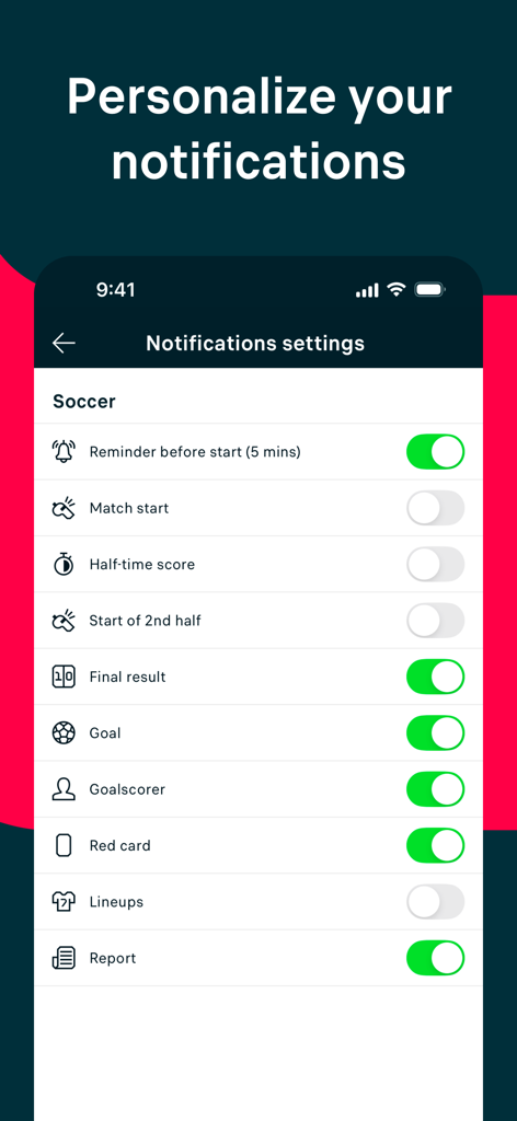 Flashscore app screen for customizing soccer notification alerts