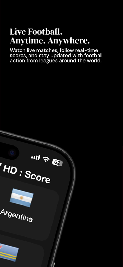 Football Live TV HD : Score - Pantalla de la aplicación Football Live TV HD mostrando transmisión de partidos en vivo y actualizaciones de resultados