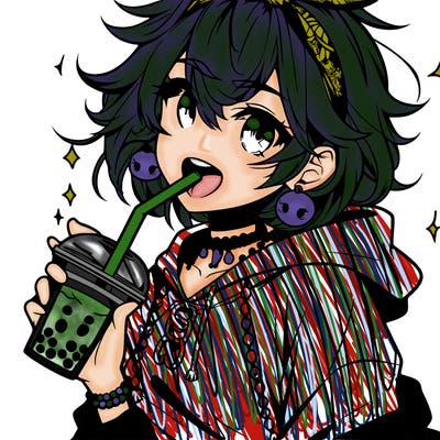 hot baddie anime girl drinking boba and biting the straw