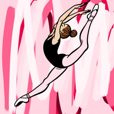 gymnast doing a leap in a leotard with a bent back leg