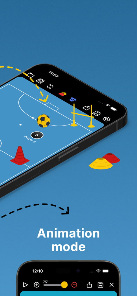 Coach Tactic Board: Futsal - iPhone screen showing the animation mode of the Coach Tactic Board app with a futsal court and training equipment