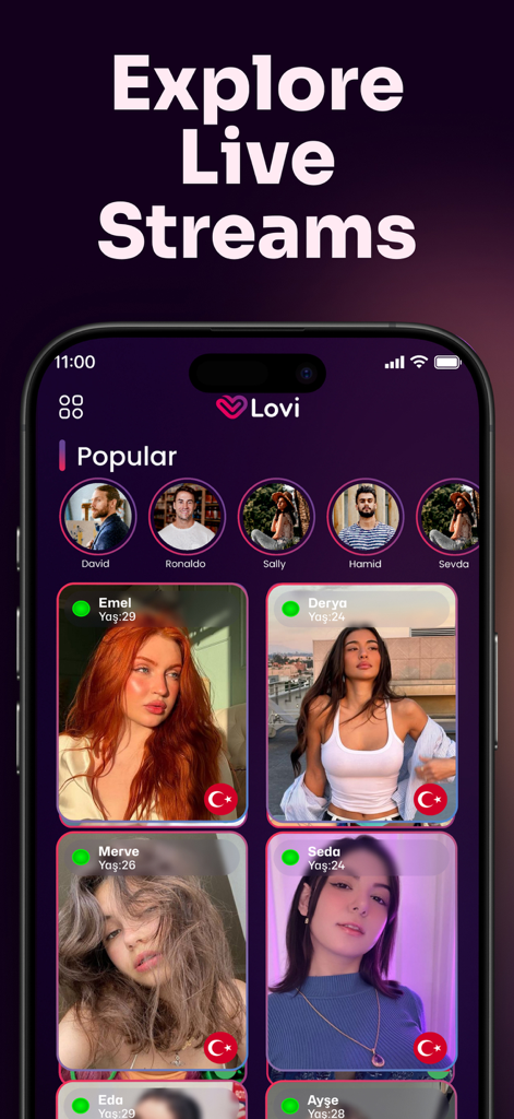 Interfaz de la aplicación Lovi que muestra transmisiones en vivo populares y previsualizaciones de perfiles de usuario