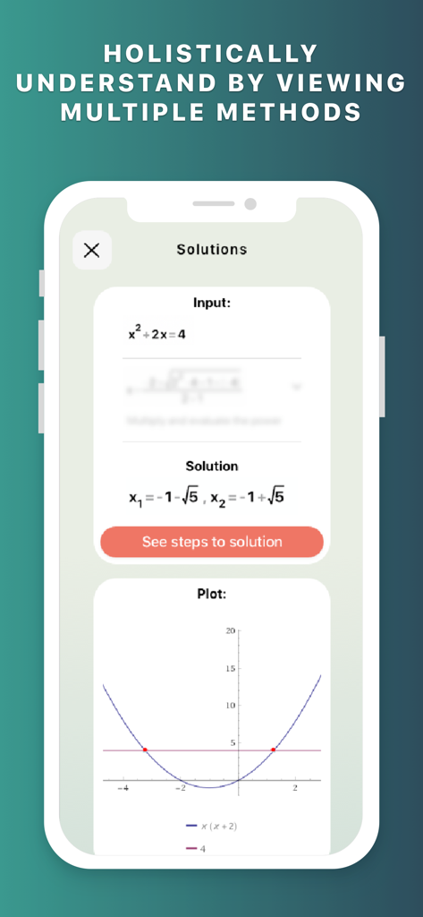 Math app interface showing a quadratic equation solution and its graphical plot