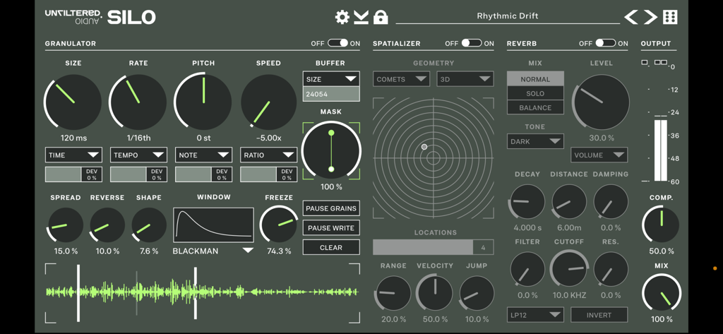 Silo - Granulator and Reverb - Silo 앱 인터페이스, 그래뉼러 신디시스 공간화 및 리버브 제어 패널 표시