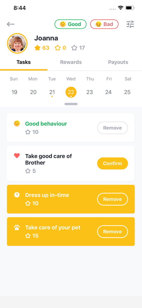 Child Rewardアプリのインターフェース。子供のJoannaの毎日のタスクリストと獲得ポイントが表示されています。