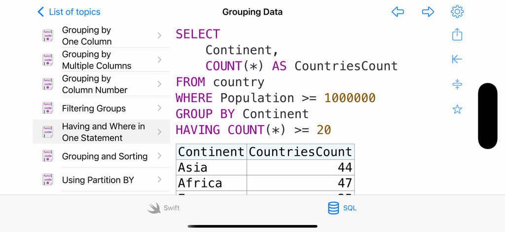 Recipes for Swift - SQL code snippet for grouping and filtering data within the Recipes for Swift mobile application