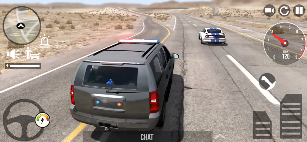 Police Simulator Cop Car Games - A grey police SUV chasing a white sports car on a desert highway in Police Simulator Cop Car Games.