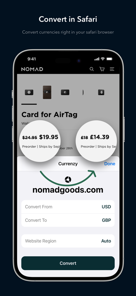 Estensione Safari dell'app Currenzy che converte i prezzi in dollari in sterline britanniche su un sito di shopping