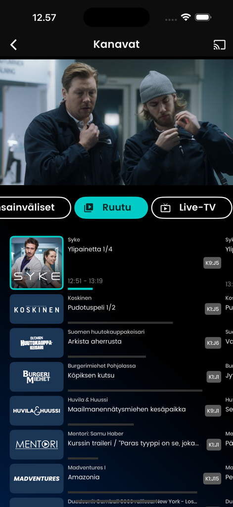 Ruutu mobile app interface showing a list of Finnish TV channels and popular shows including Syke and Koskinen