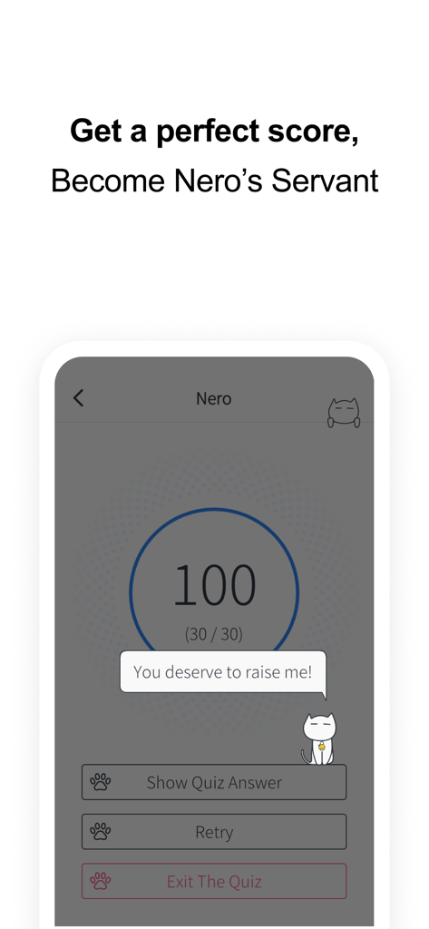 VoCat app quiz result screen showing a perfect score of 100 with Nero the cat mascot