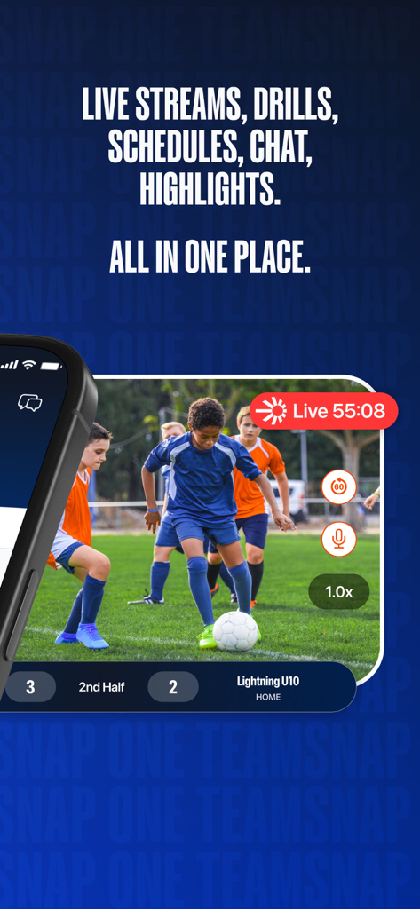 TeamSnap ONE app showing a live stream of a youth soccer game with score and time overlays