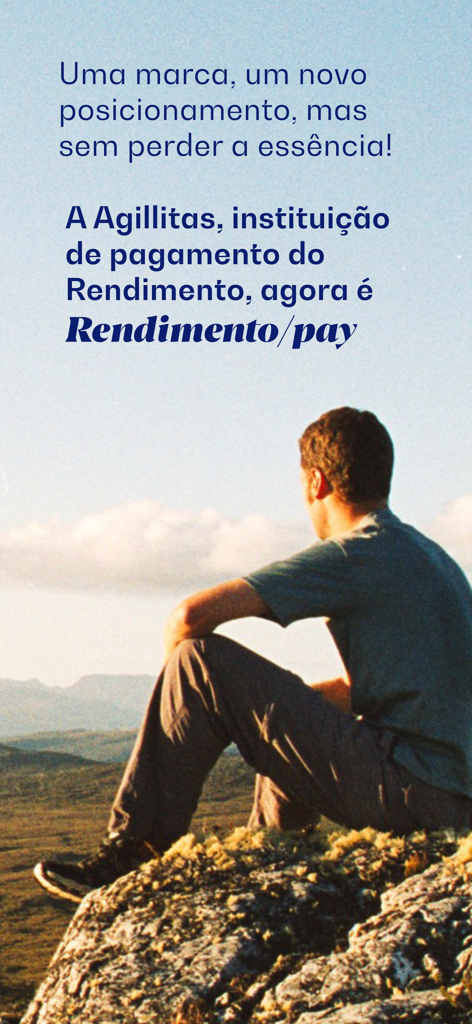 Rendimentopay app splash screen announcing the transition from Agillitas with a person looking at a mountain landscape