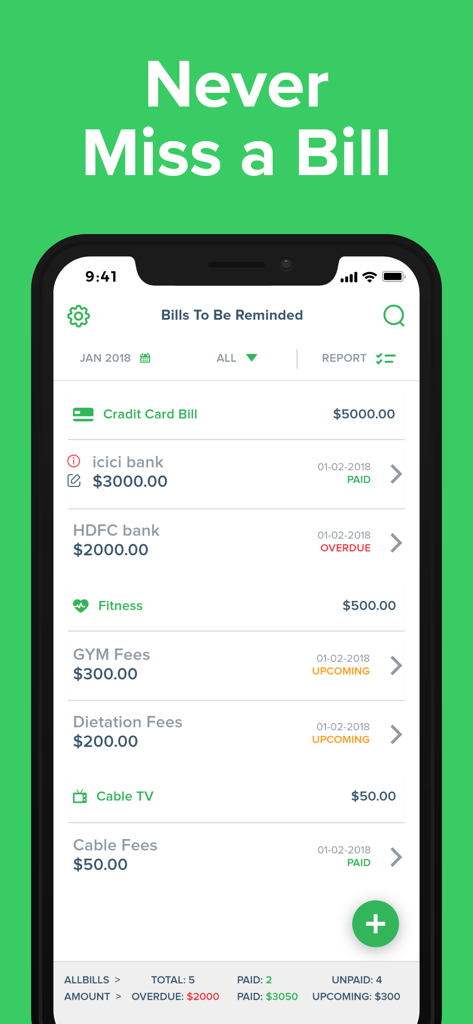 Screenshot of the Bill Organizer app showing a list of bills with labels for paid overdue and upcoming statuses