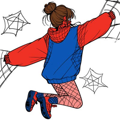 realistic girl jumping with a bun and oversized sweatshirt