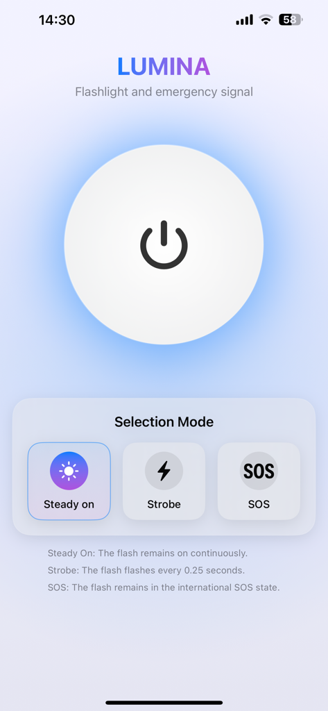 LuminaPro: Flashlight & SOS - Interfaz de la aplicación LuminaPro con un gran botón de encendido y selección de modos para encendido fijo, estroboscópico y SOS