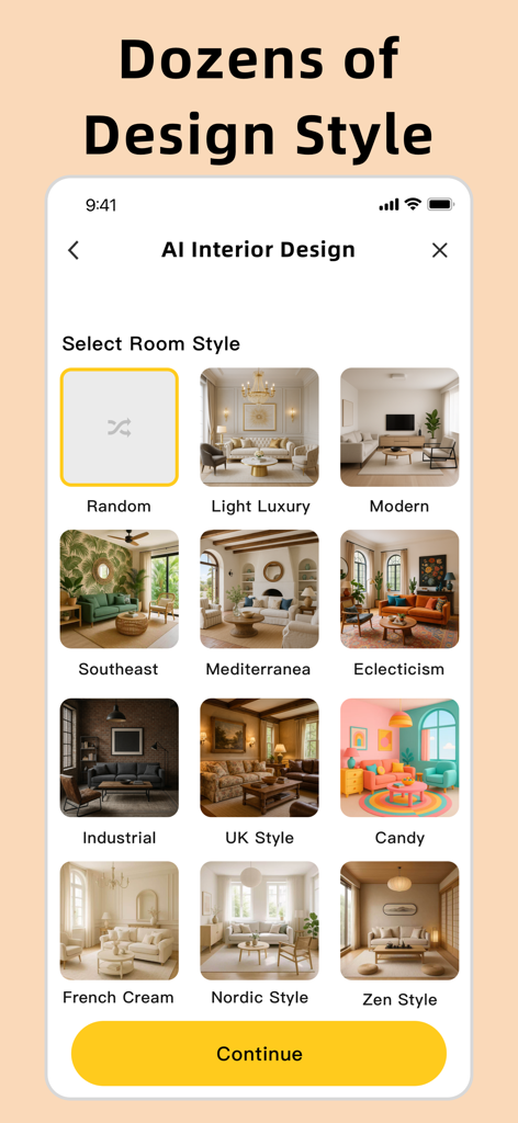 Interior Design：AI Spacely - モダンスタイル、インダストリアルスタイル、地中海スタイルなどのインテリアデザインスタイルの選択肢を示すモバイルアプリ画面。