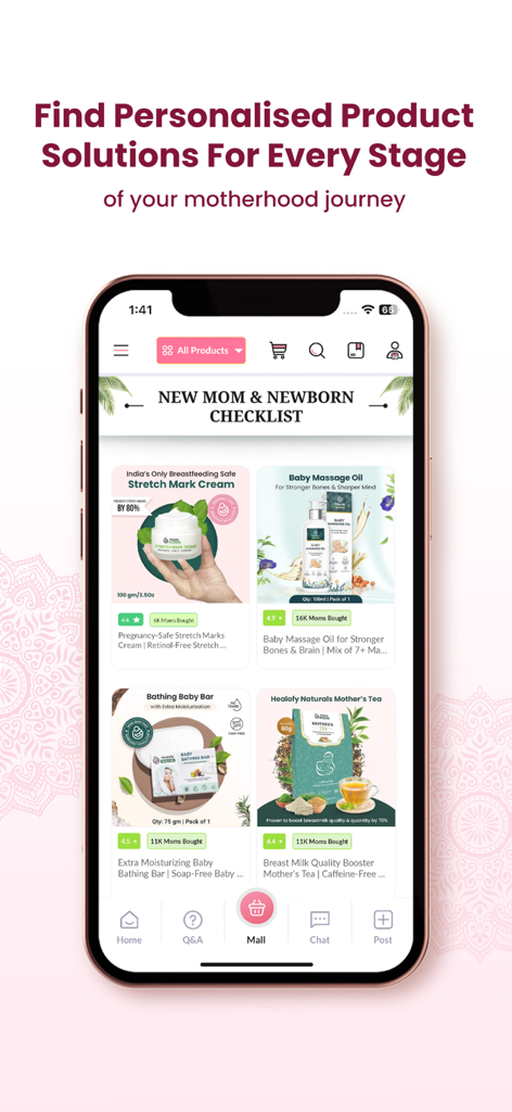 Healofy -Pregnancy & Parenting - Healofy app interface showing personalized products like stretch mark cream and baby massage oil for Indian mothers.