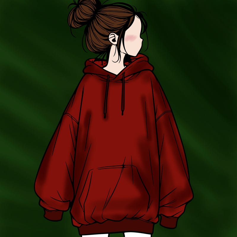 realistic girl with a oversized sweatshirt on and a bun