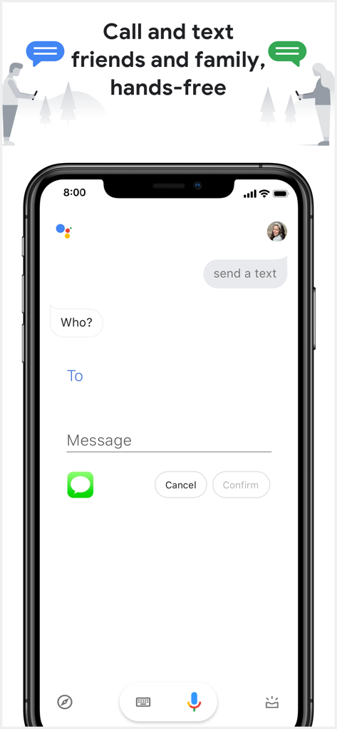 Google Assistant interface on iPhone showing hands-free messaging feature
