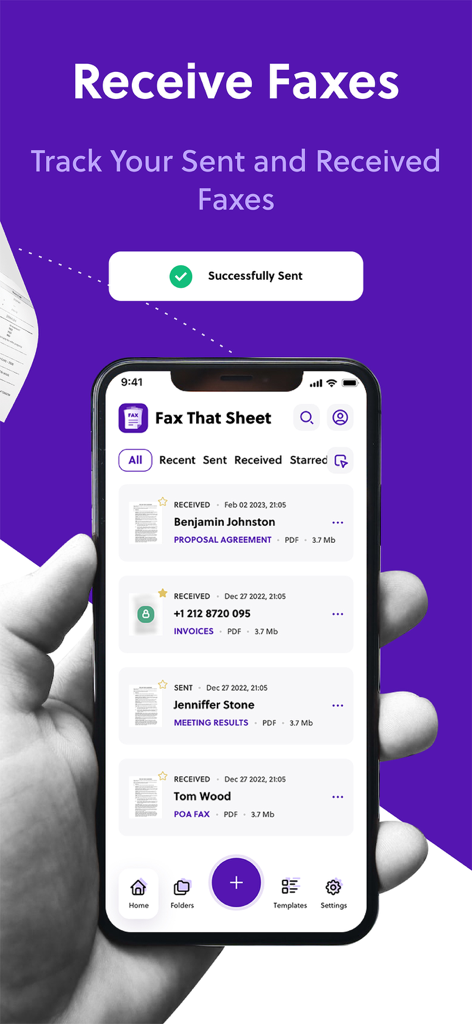 FAX ® - Um smartphone mostrando uma lista de documentos enviados e recebidos na interface do aplicativo Fax That Sheet.