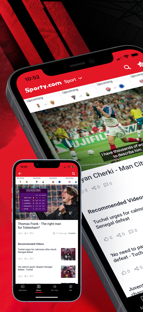 Sporty.com - Sporty.com mobile app interface showing football news highlights and live match scores