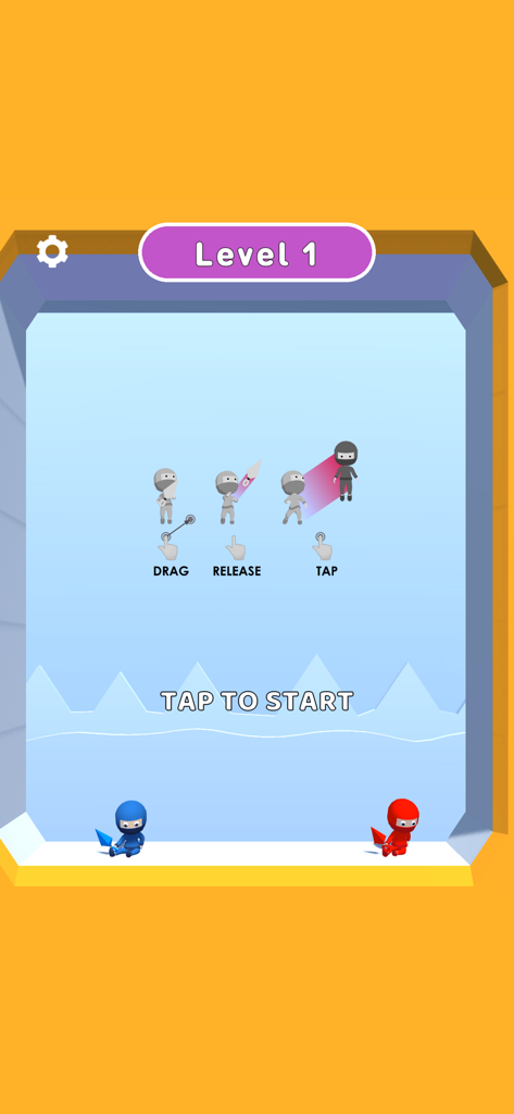 Gameplay tutorial for Ninja Battle showing drag release and tap mechanics for Level 1