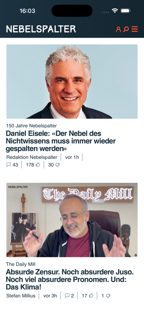 Nebelspalter - Mobile news feed of the Nebelspalter app featuring political commentary and satirical articles in German.