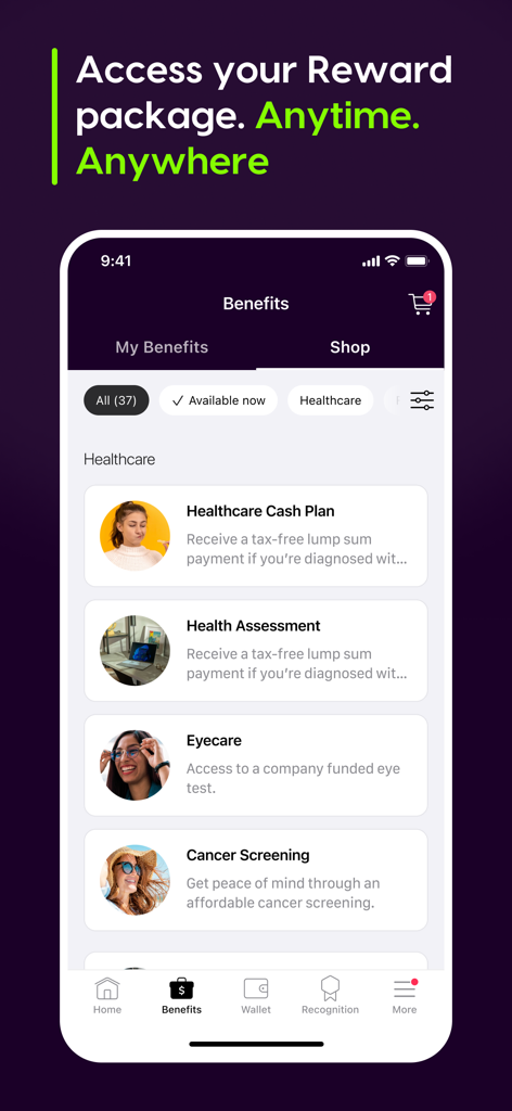OneHub | Mobile - OneHub Mobile app interface displaying employee healthcare benefits and reward package options.