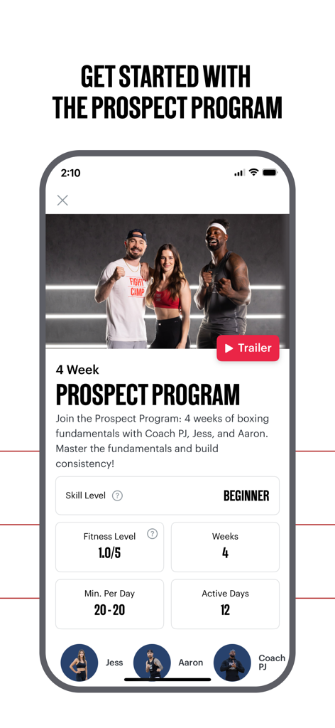FightCamp app screen showing the 4-week Prospect Program for beginner boxing