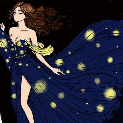 realistic woman in dress flowing the the wind