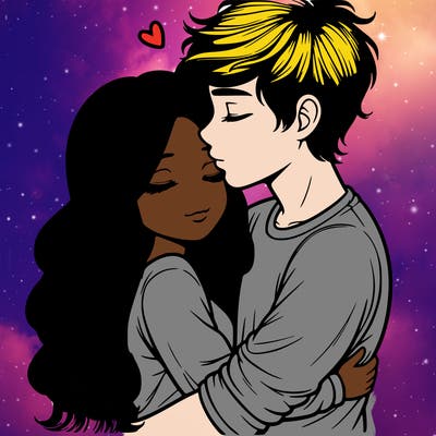 a realistic couple boy and girl hugging and kissing