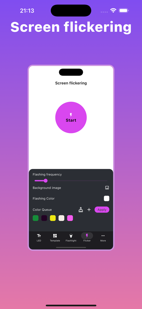 LED Banner - Scroller Big Text - A smartphone screen displaying the flickering light settings for a disco effect