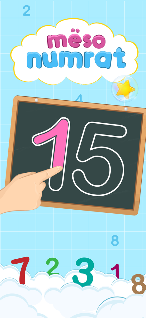 A hand tracing the number fifteen on a chalkboard in the Meso Numrat educational app for Albanian children.